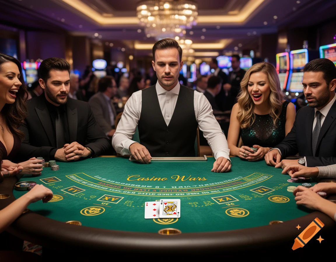 People in formal attire playing cards at a vibrant, realistic casino blackjack table.