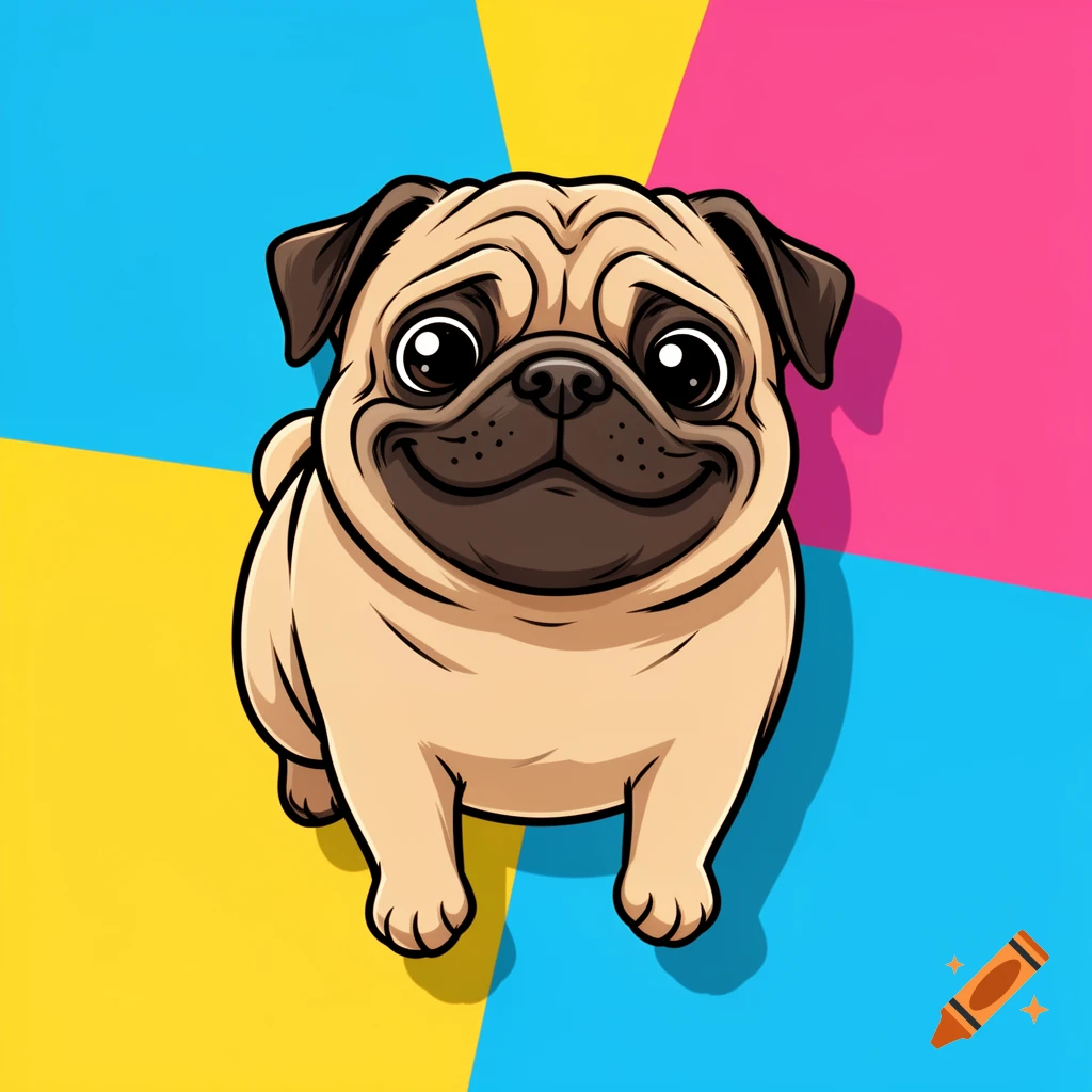 A friendly cartoon pug dog looks at the camera against a background of blue, yellow, and pink geometric shapes.