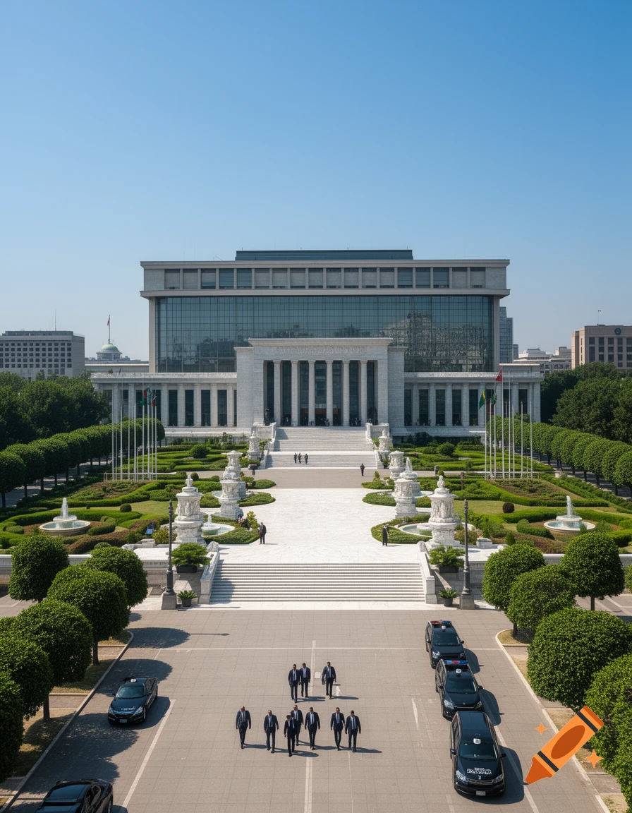 A grand classical government building with columns, large steps, formal gardens, a plaza with people walking, and parked cars under a clear blue sky.
