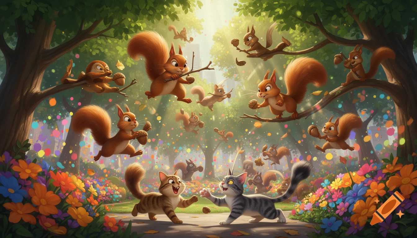 A vibrant cartoon scene of squirrels and cats in a forest clearing, with many squirrels jumping and holding acorns, while two cats playfully prepare to pounce amidst colorful flowers.