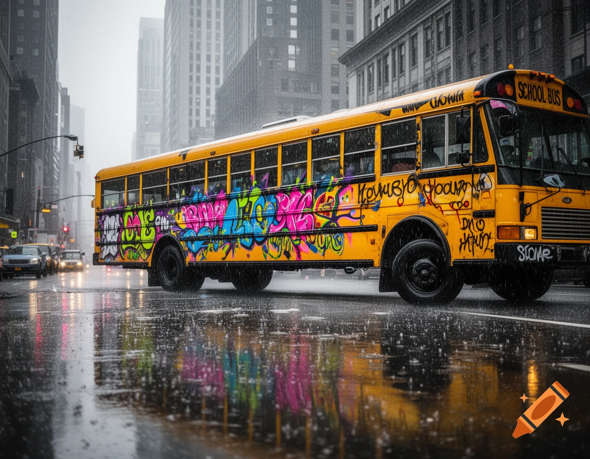 A yellow school bus covered in colorful graffiti drives on a wet city street during a rainy day.