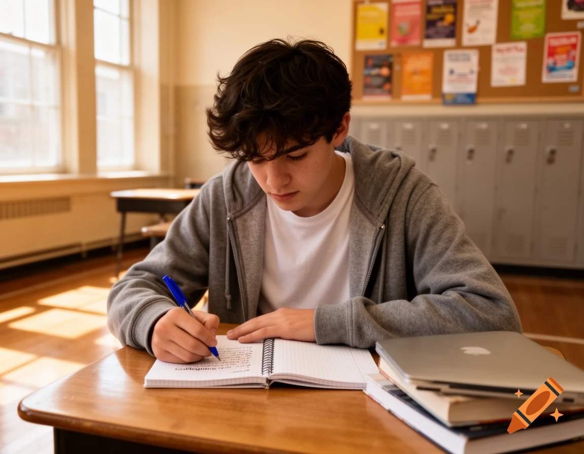 A teenage boy with dark curly hair sits at a wooden desk in a classroom, writing in a spiral notebook with a blue pen. A laptop and books are stacked beside him, and lockers and posters are in the background.