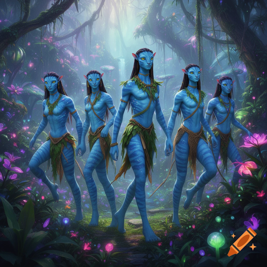 Five blue Na'vi-like figures with long dark hair, wearing leaf skirts and necklaces, walk through a vibrant bioluminescent fantasy jungle.