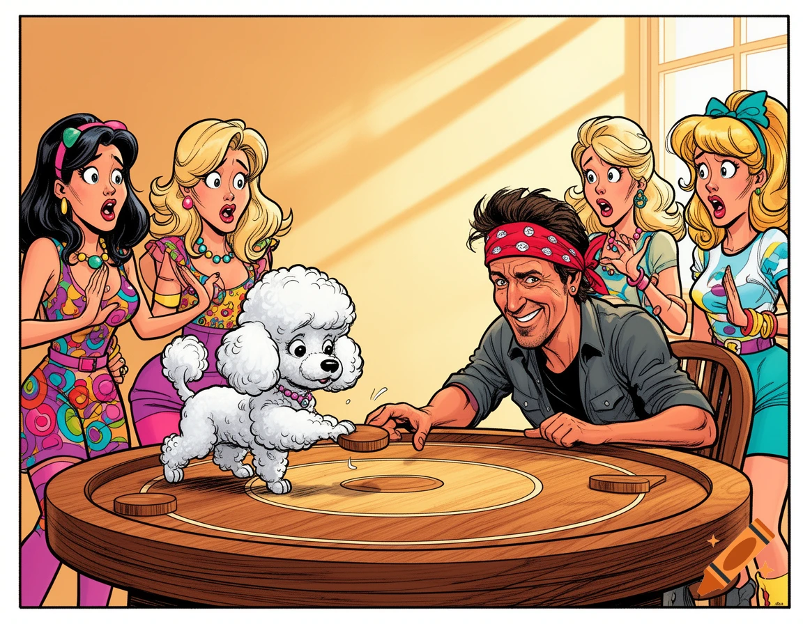 In a comic style, Bruce Springsteen plays a board game with a white poodle as four surprised women watch.
