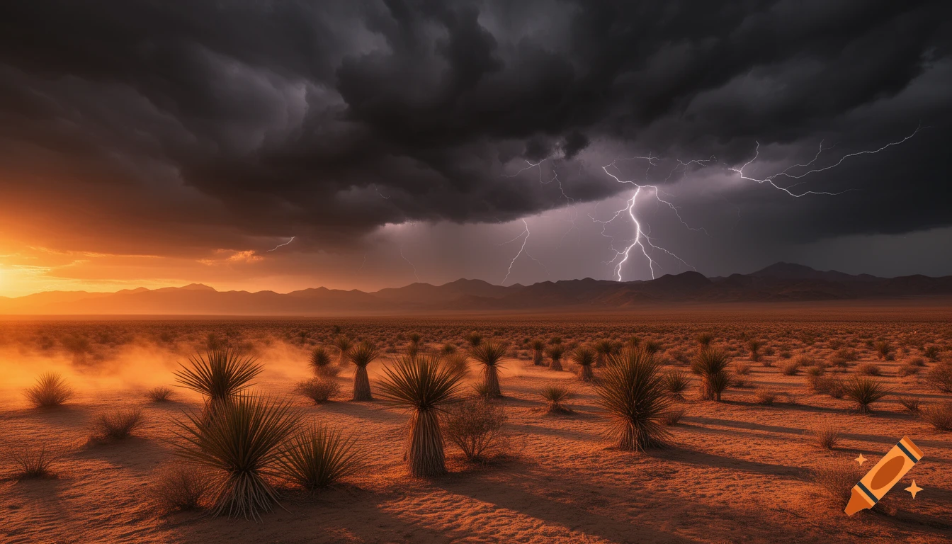 Photorealistic image of the Mojave desert at sunset with mountains, yucca trees, and a dramatic thunderstorm with lightning.