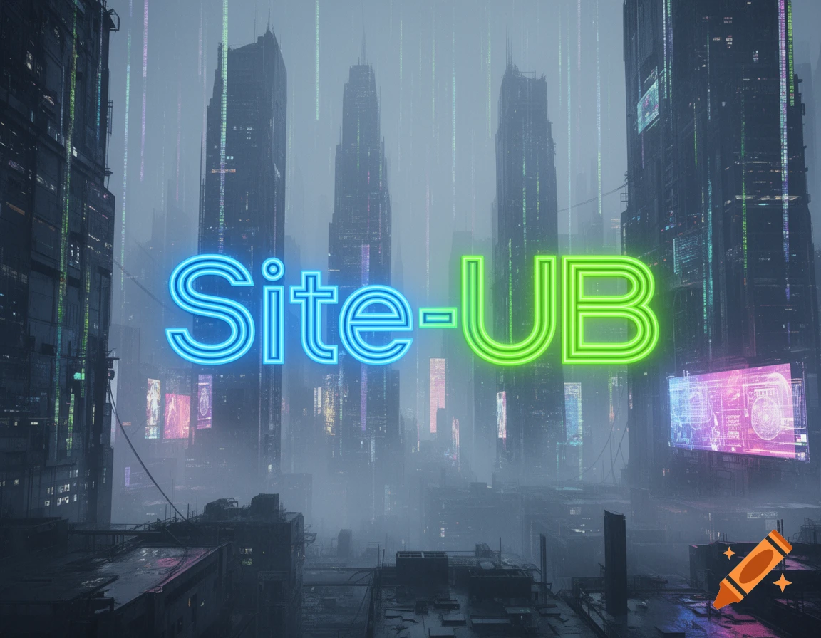 Blue and green neon text "Site-UB" floats over a misty, futuristic cyberpunk cityscape with tall buildings.