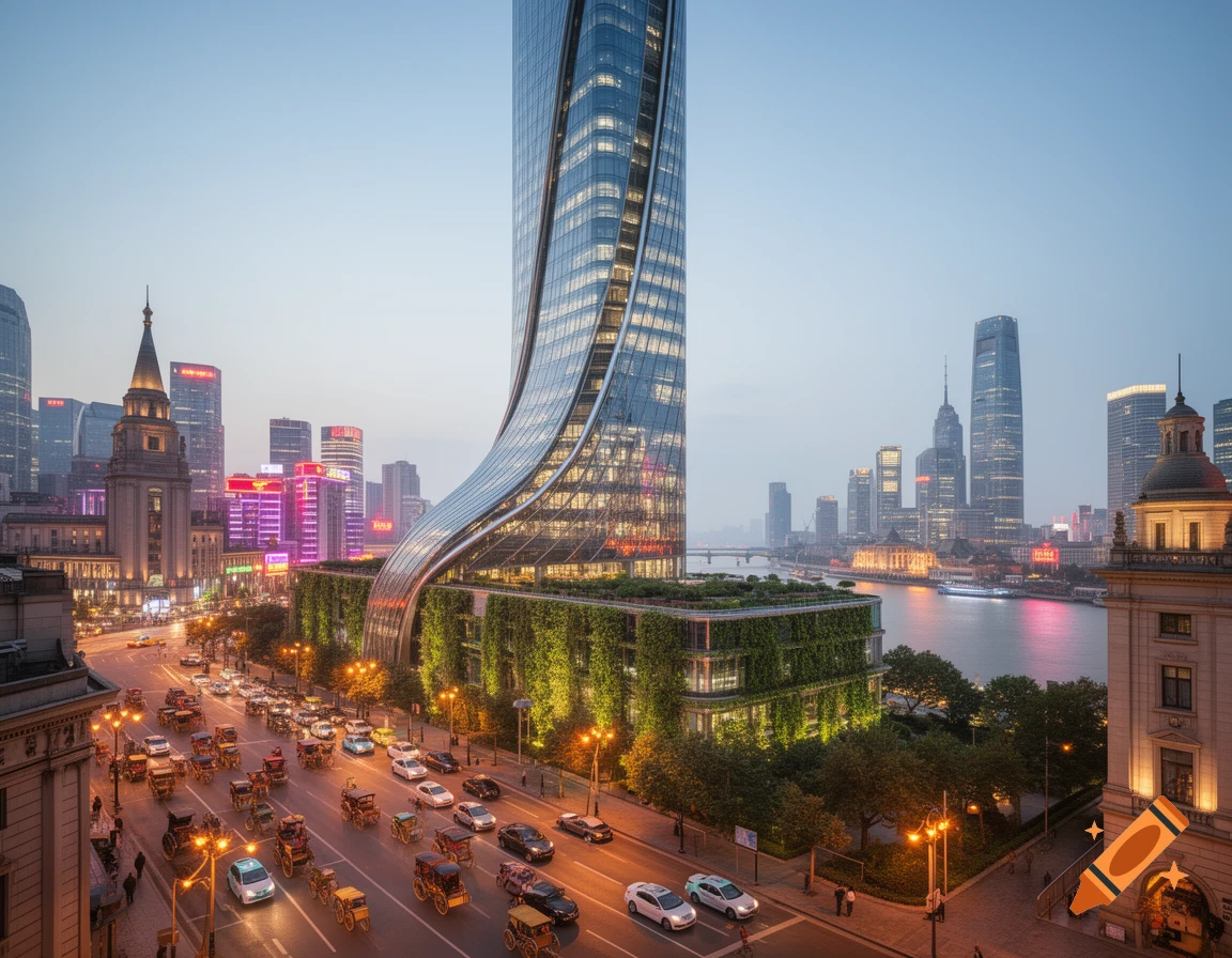 A futuristic, curved glass skyscraper with green walls overlooking a busy city street and river in Shanghai at dusk.