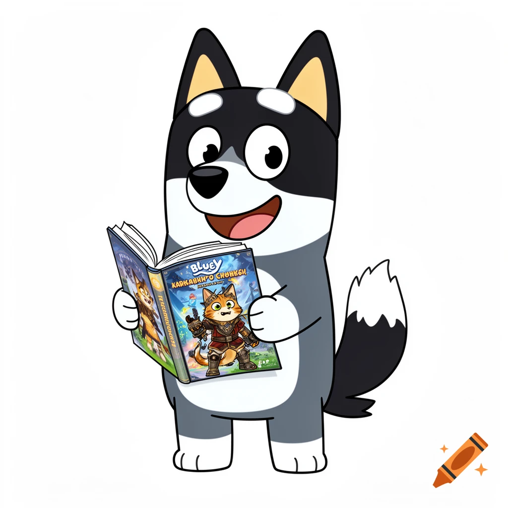 Happy Karelian Bear Dog cartoon character in Bluey style reads a fantasy book with a cat warrior on the cover on a white background.