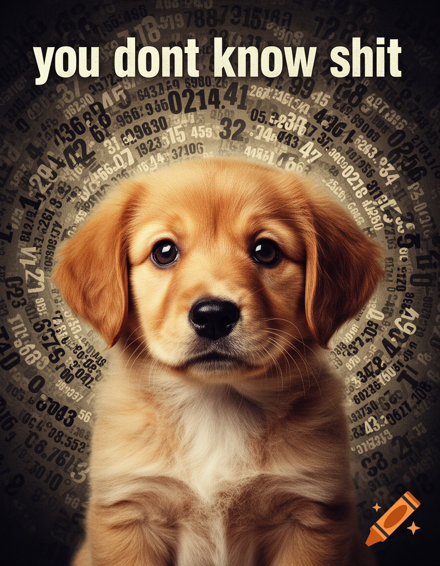 A golden retriever puppy centered on a propaganda poster, surrounded by numbers, with the text 'you dont know shit' above its head.