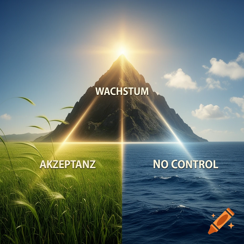 A symbolic landscape featuring a mountain under a rising sun, a lush green field, and a blue ocean. The words 'WACHSTUM', 'AKZEPTANZ', and 'NO CONTROL' are overlaid, connected by beams of light.