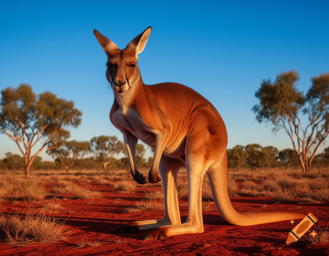 A photorealistic kangaroo stands on red dirt in an Australian desert landscape under a clear blue sky.