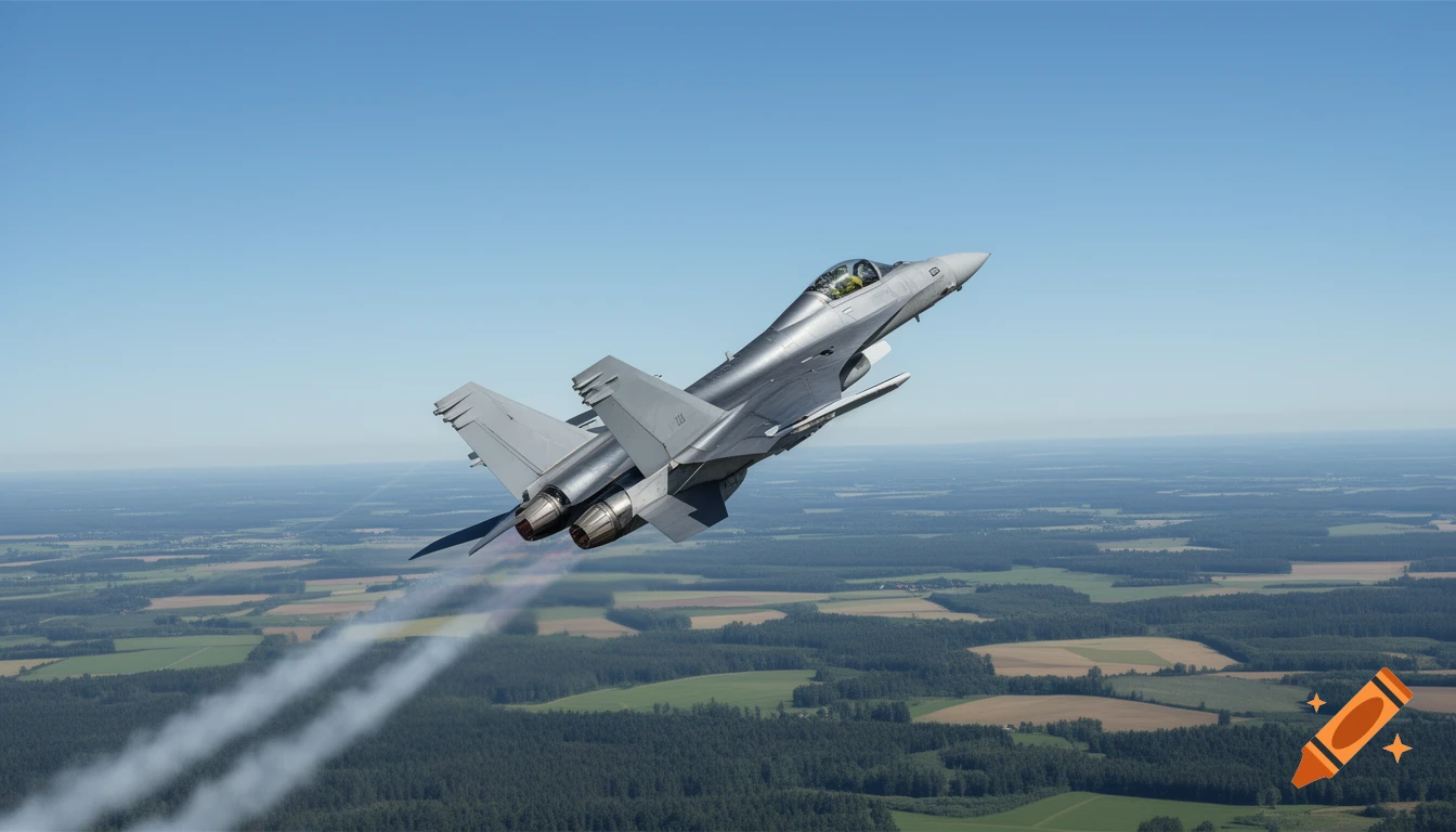 A gray fighter jet with two contrails banks sharply in a clear blue sky over a patchwork landscape of forests and fields.