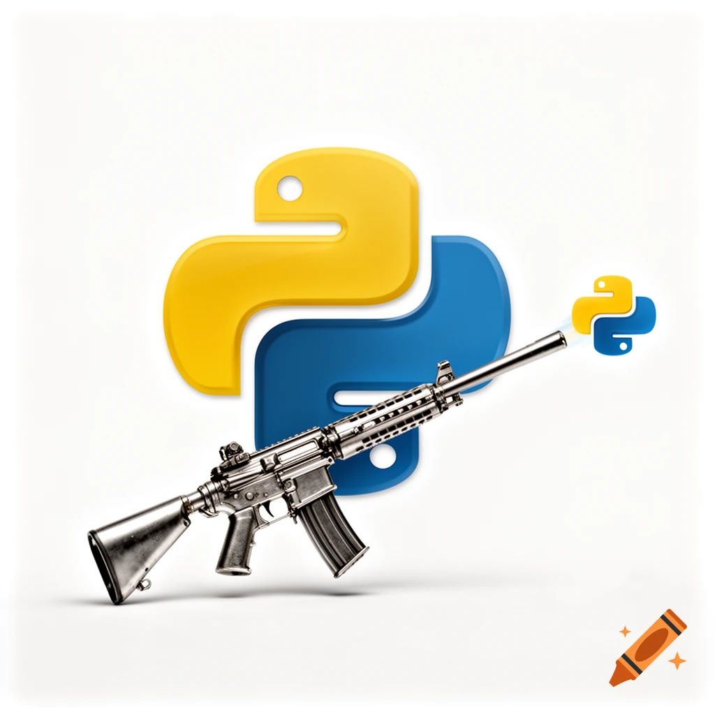 A rifle firing a small Python logo at a large Python logo on a white background.