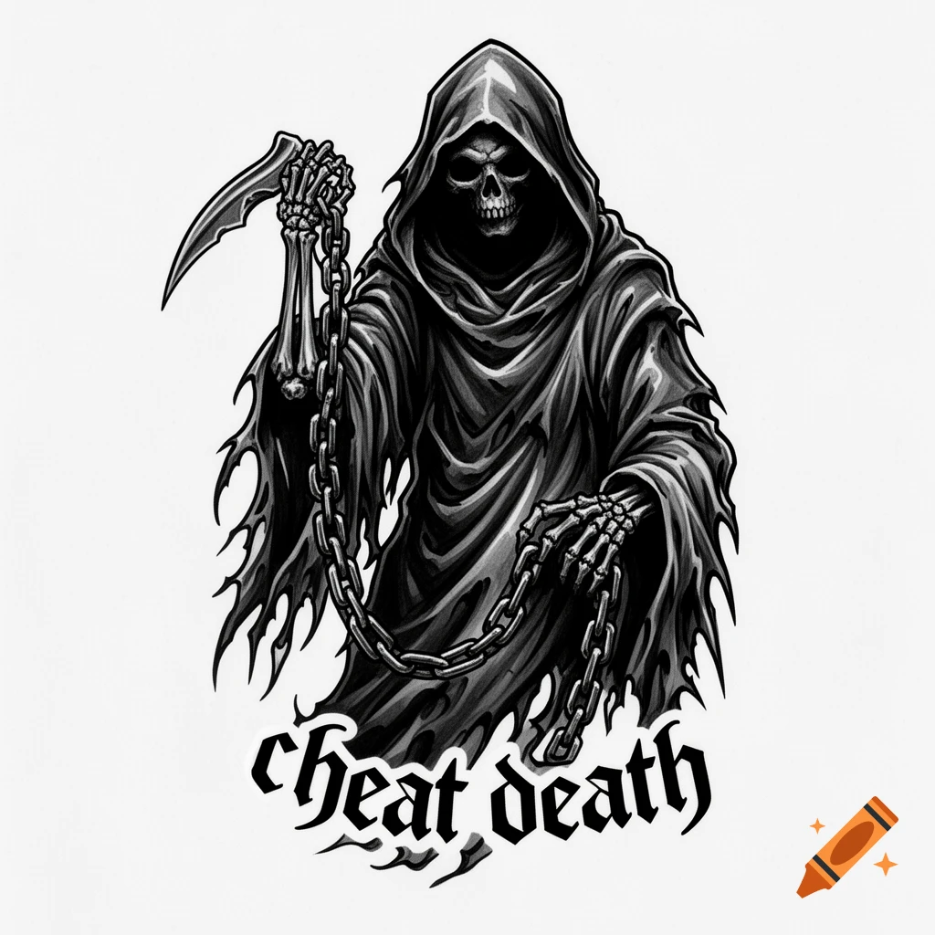 A monochromatic stylized illustration of the Grim Reaper in a hooded cloak, holding a scythe and chains, with 'cheat death' text below.