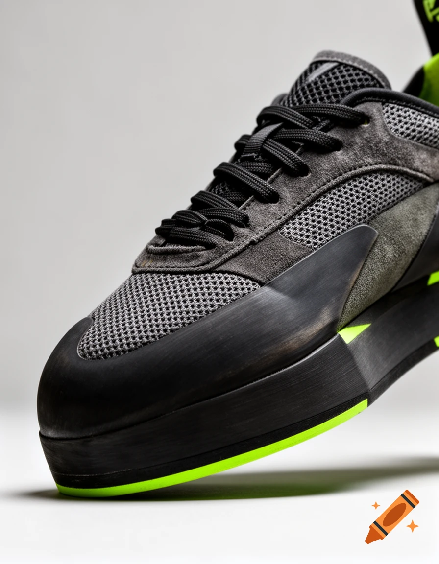 Close-up of a modern dark grey and black sneaker with a neon green sole, shot in photorealistic style on a light background.