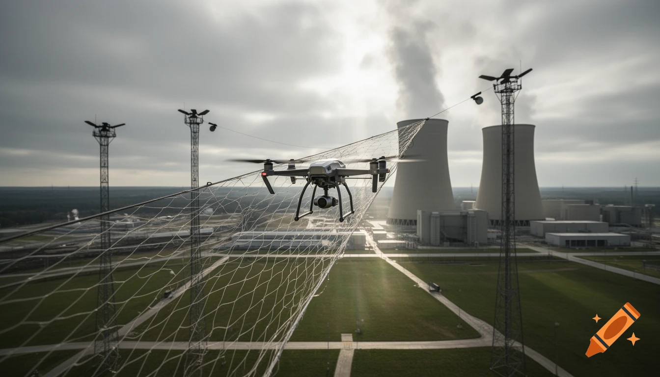 Photorealistic image of a drone caught in a large net over a power plant with cooling towers under a cloudy sky.
