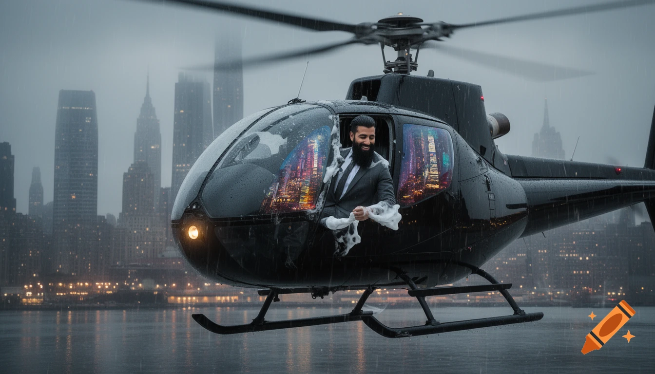 A man with a black beard in a suit smiles from a black helicopter, holding white soap or foam, over a rainy New York City skyline and water at dusk.