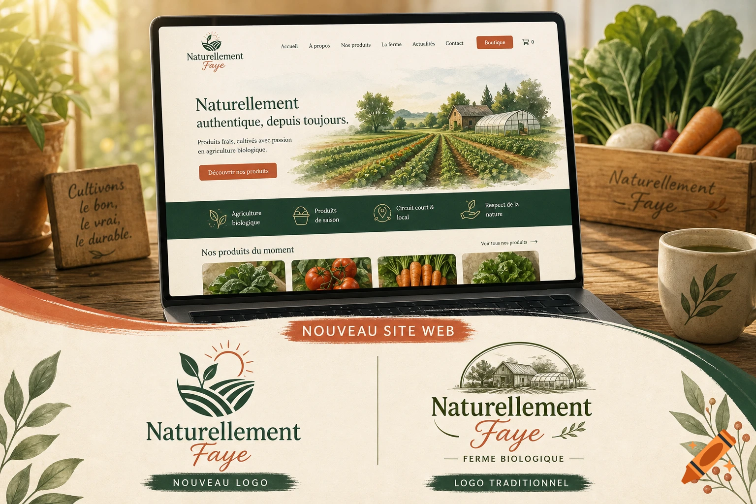 An elegant promotional image for "Naturellement Faye" organic farm, featuring a laptop displaying its website, new and traditional logos, and fresh vegetables on a wooden table in warm morning light.