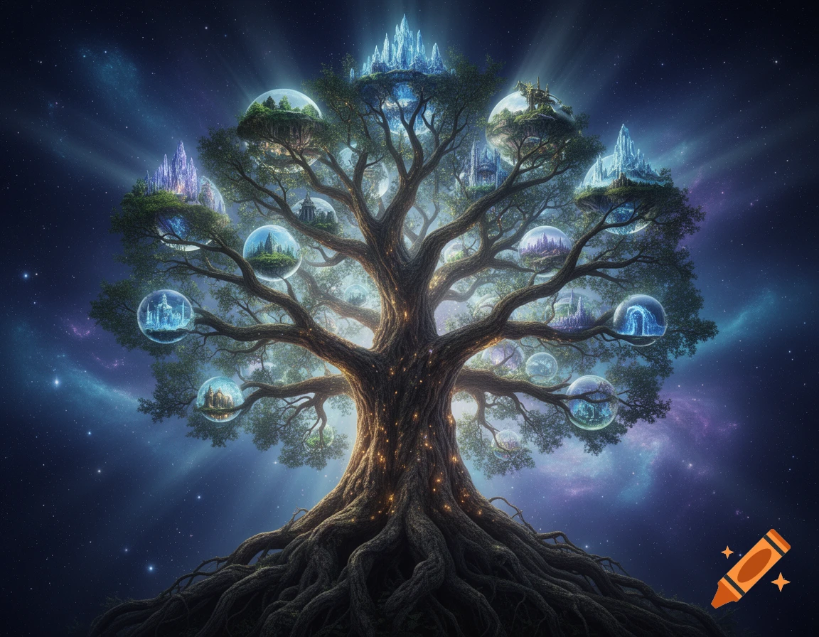A majestic, glowing tree resembling Yggdrasil, with branches holding spherical worlds and castles, set against a cosmic, star-filled galaxy.