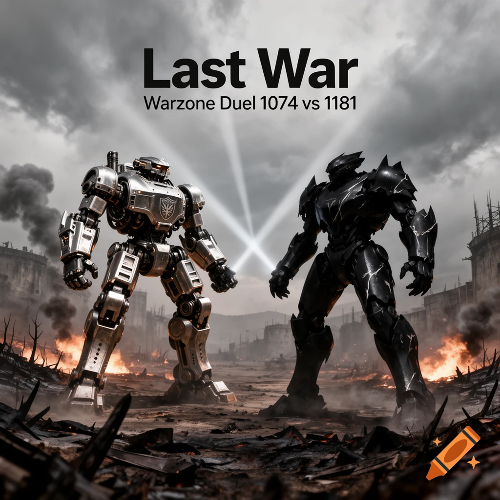Two large robots, one silver and one black, face each other in a destroyed, smoky landscape. Text above reads "Last War Warzone Duel 1074 vs 1181".