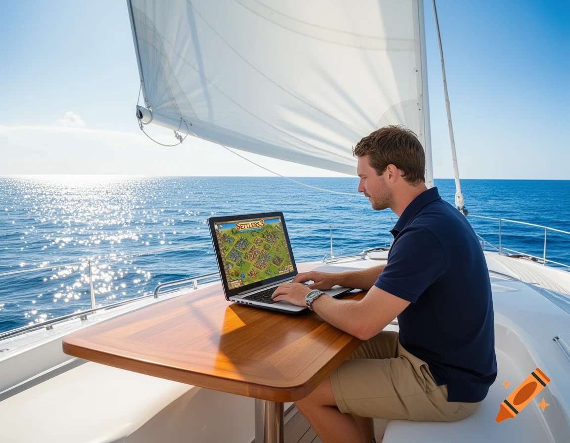 A man on a yacht plays Settlers 3 on a laptop with the open sea and sky in the background.