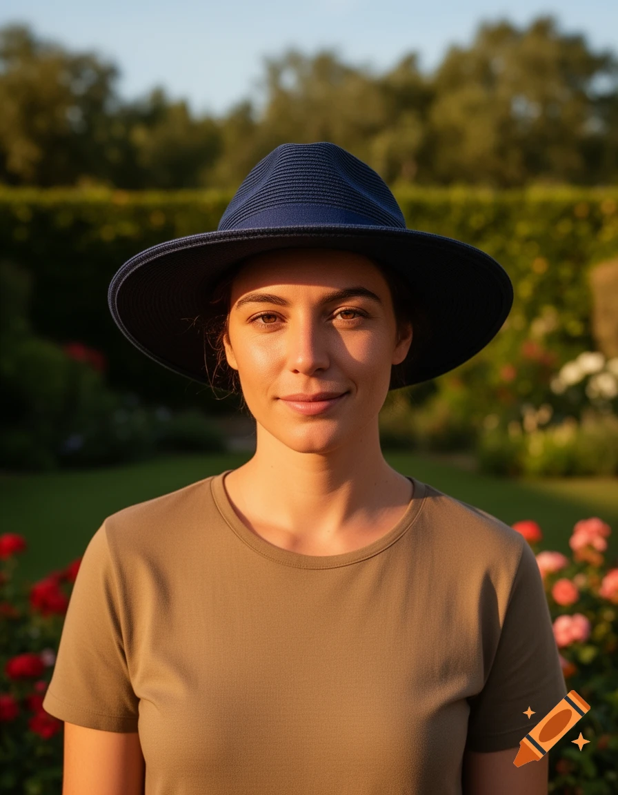 A woman in a navy blue hat and olive t-shirt smiles in a sunny garden.