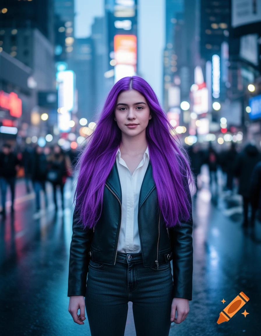 A young woman with long, vibrant purple hair, wearing a black leather jacket and jeans, stands centered on a wet city street with blurred neon lights in the background.