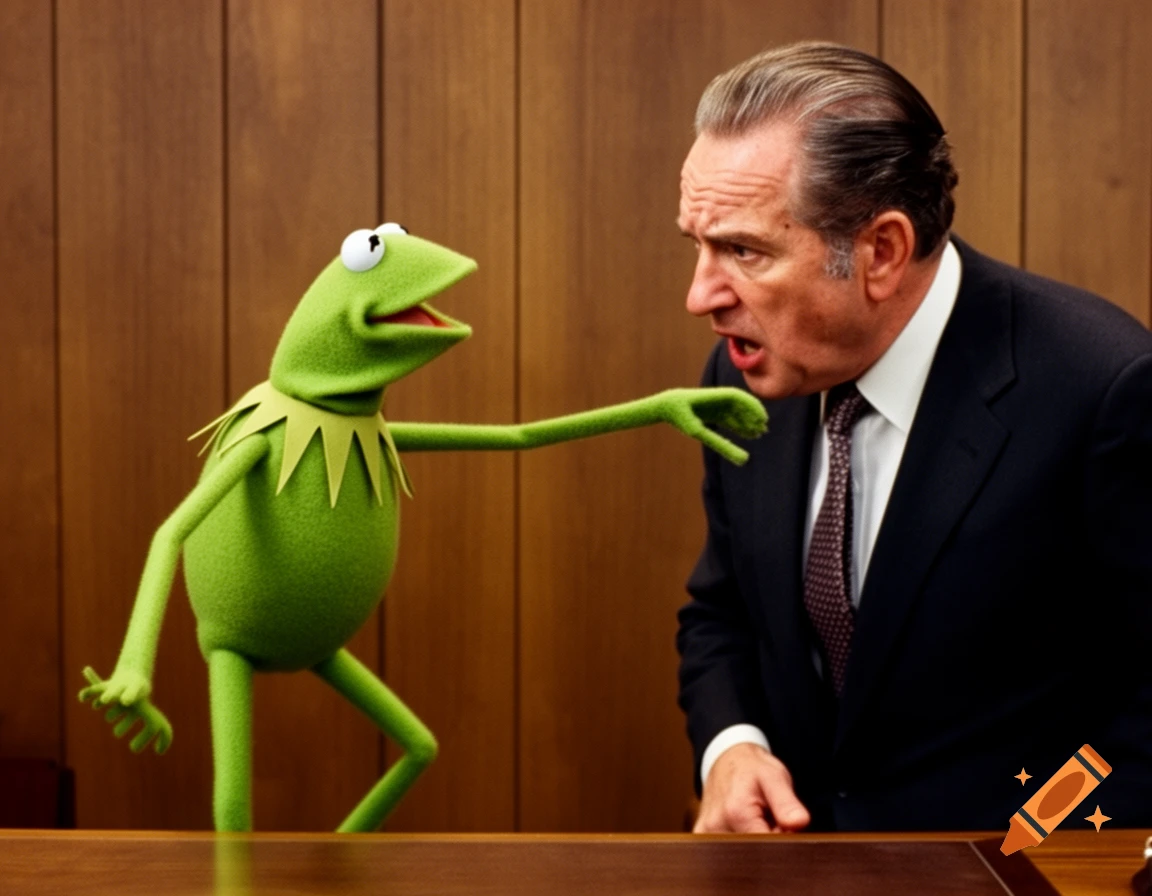 Kermit the Frog reaching towards an angry man in a suit, resembling Richard Nixon, in a photorealistic style inside a wood-paneled room.