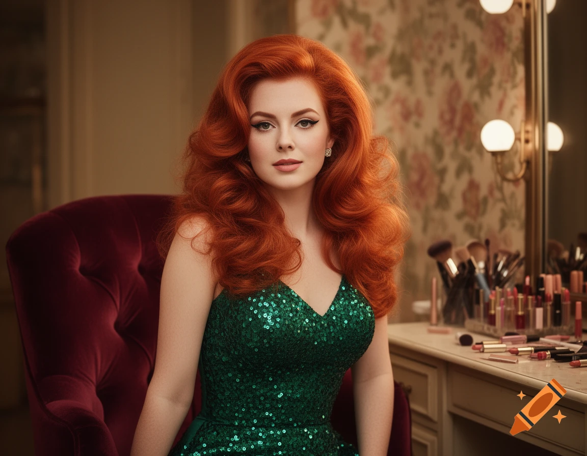 A glamorous red-headed woman in a green sequin dress sits in a vintage armchair by a vanity table, looking forward.
