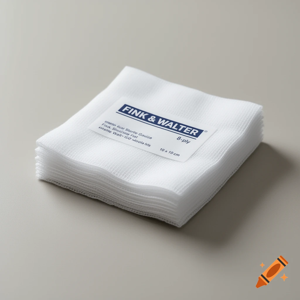 A stack of white sterile gauze pads with a label for 'Fink & Walter' on a neutral background.