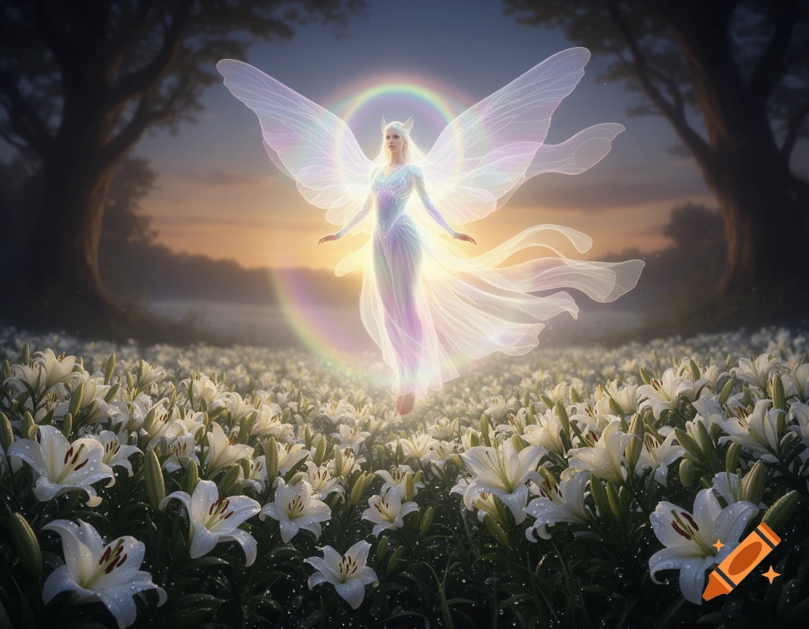 Ethereal winged fairy floating above a field of white lilies at sunset, encircled by a rainbow halo.