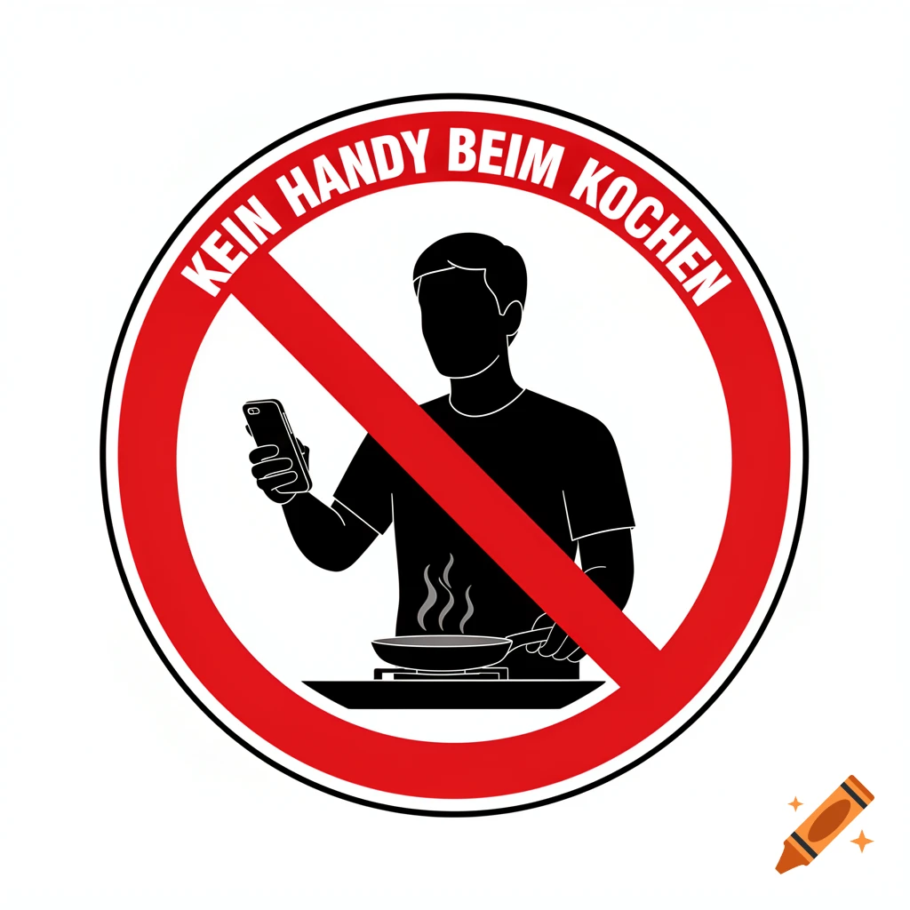 Red prohibition sign with a silhouette of a person cooking while holding a phone. Text: 'KEIN HANDY BEIM KOCHEN'.