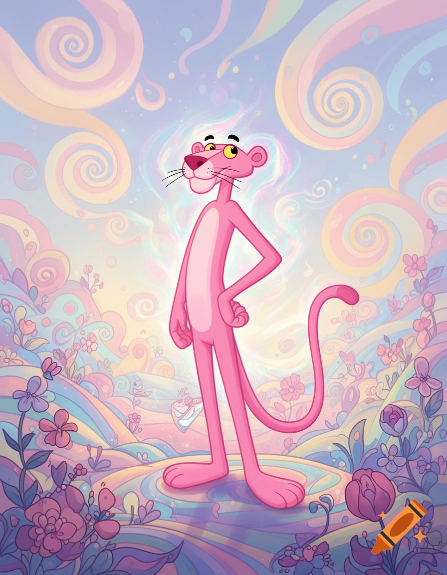 Pink Panther standing in a vibrant, pastel, psychedelic landscape with swirling clouds and colorful flowers.