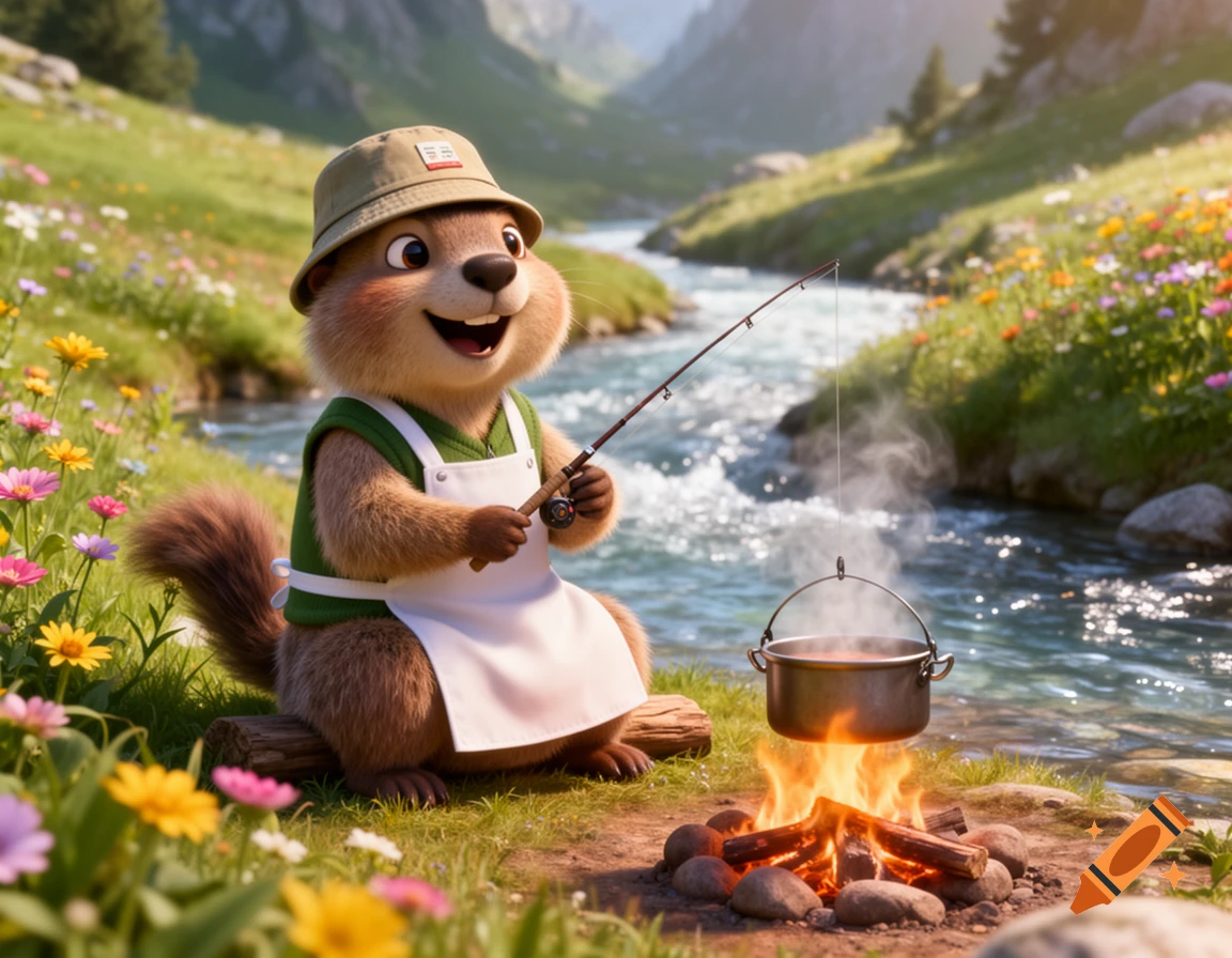 A cute Pixar-style marmot wearing a hat and apron, fishing by a campfire next to a mountain river.