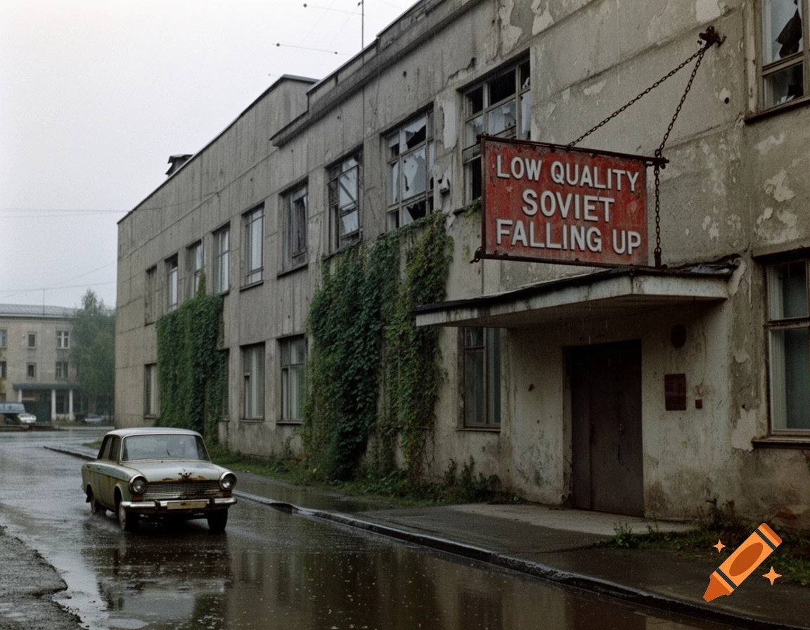 A rusty car on a wet street in front of a dilapidated Soviet-era building with a sign that reads 'LOW QUALITY SOVIET FALLING UP'.
