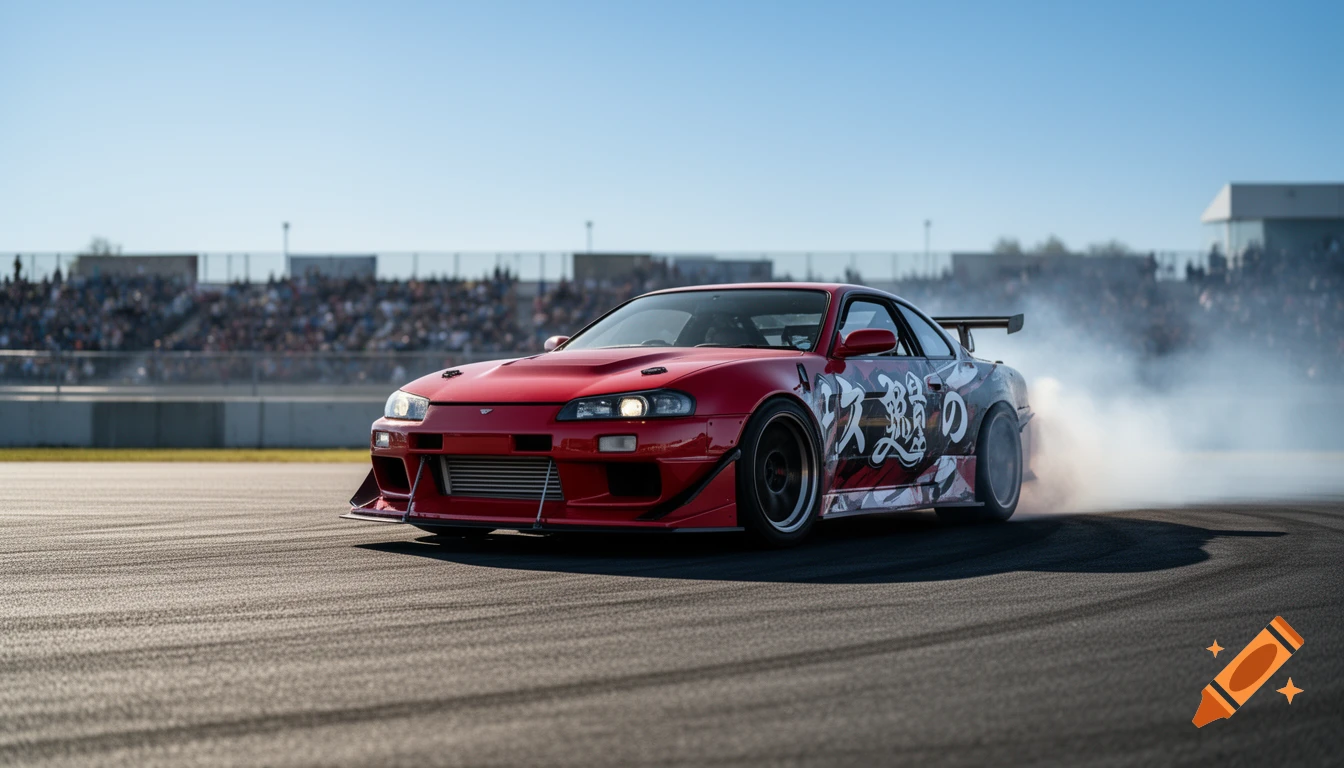 A red Japanese drift car smokes its tires on a race track in front of a crowd under a clear blue sky.