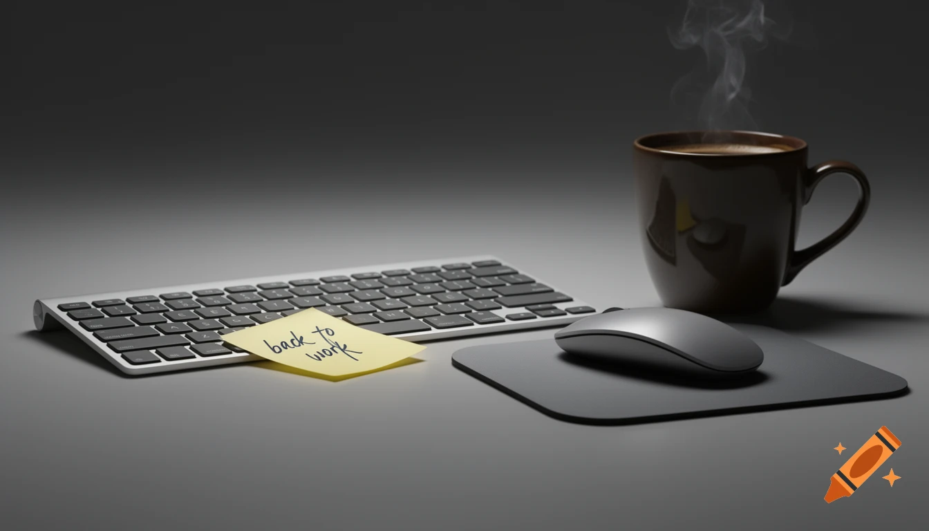 A realistic image of a silver computer keyboard, a mouse, a steaming brown coffee mug, and a yellow sticky note with 'back to work' on a gray desk.