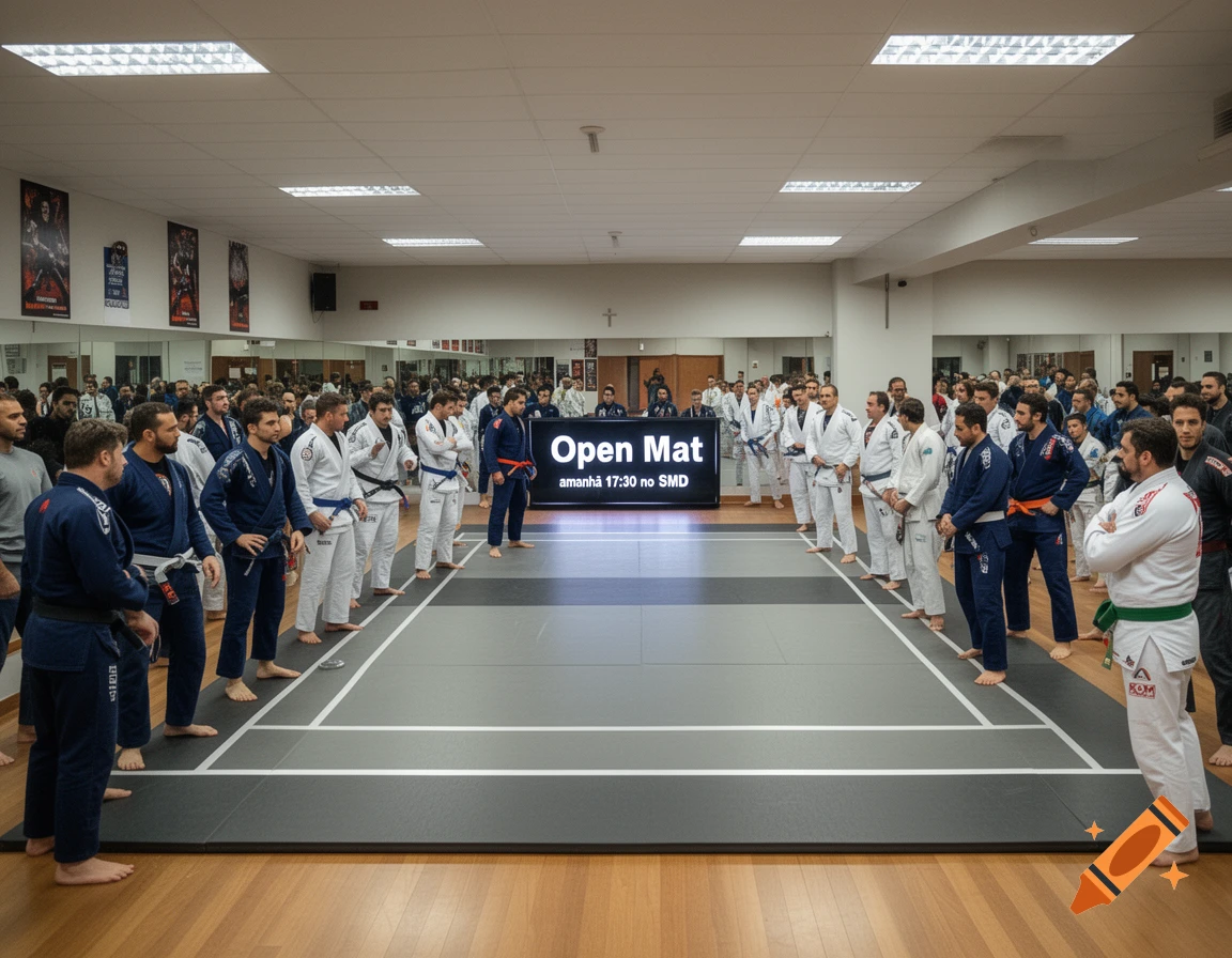 A group of people in martial arts gis stand facing each other on a mat in a gym with a screen displaying "Open Mat".