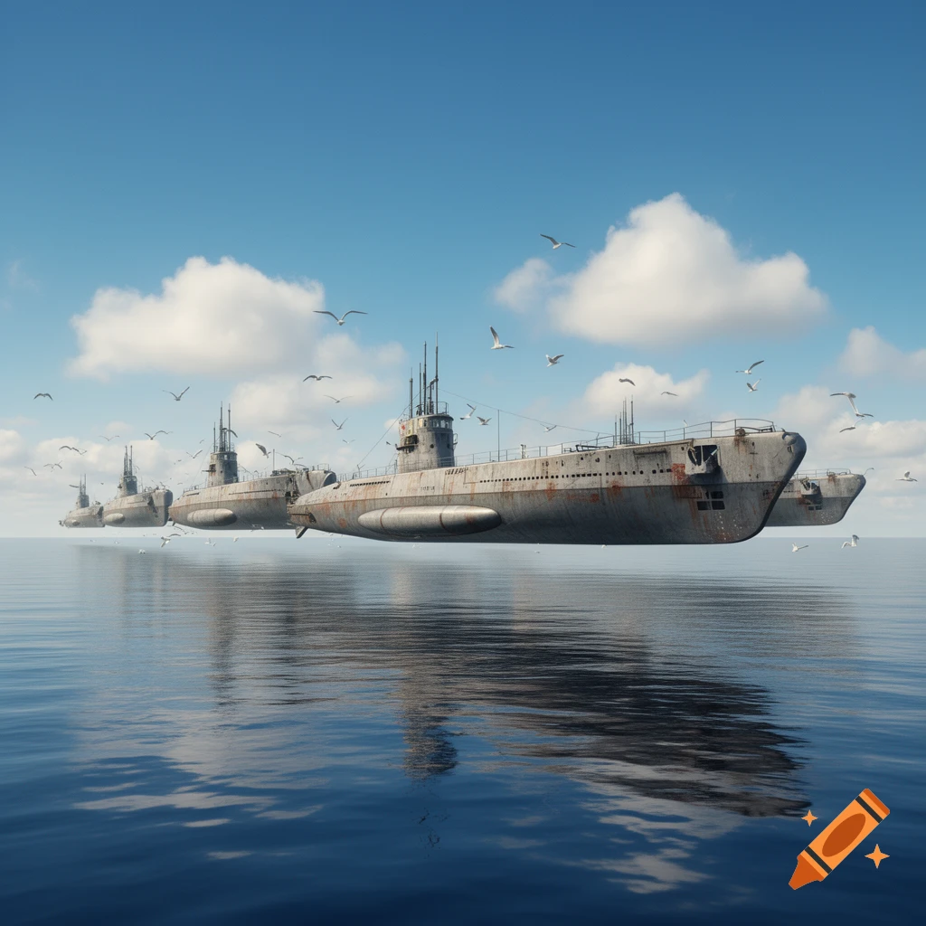 Several rusty U-boats float above a calm, reflective ocean under a blue sky with white clouds and flying seagulls.