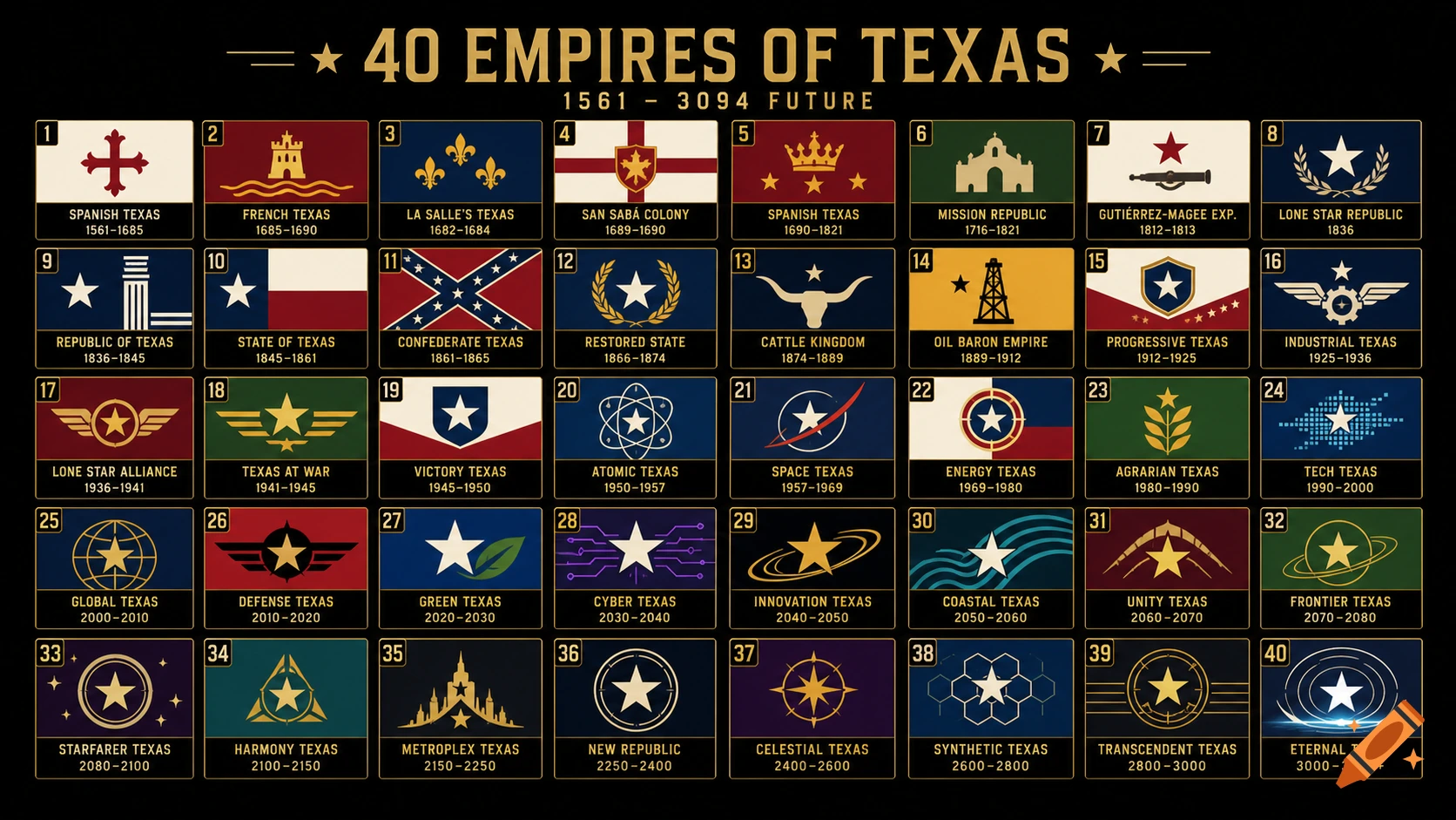 A grid of 40 unique, stylized flags representing historical and future 'Empires of Texas' from 1561 to 3094, each with a title and date range.