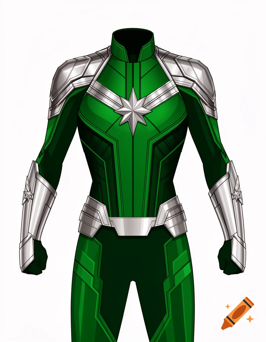 A green and silver superhero suit, reminiscent of Captain Marvel, featuring metallic shoulder pads, gauntlets, and a star emblem.