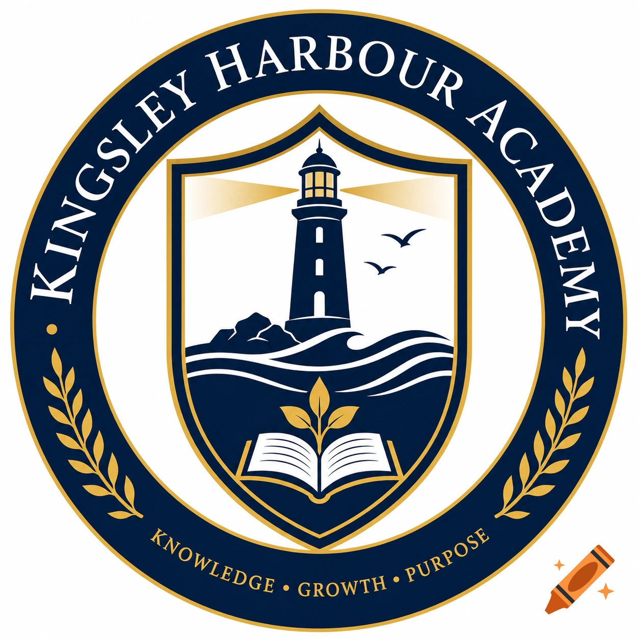A circular school logo for Kingsley Harbour Academy featuring a lighthouse, an open book, and the motto Knowledge, Growth, Purpose.
