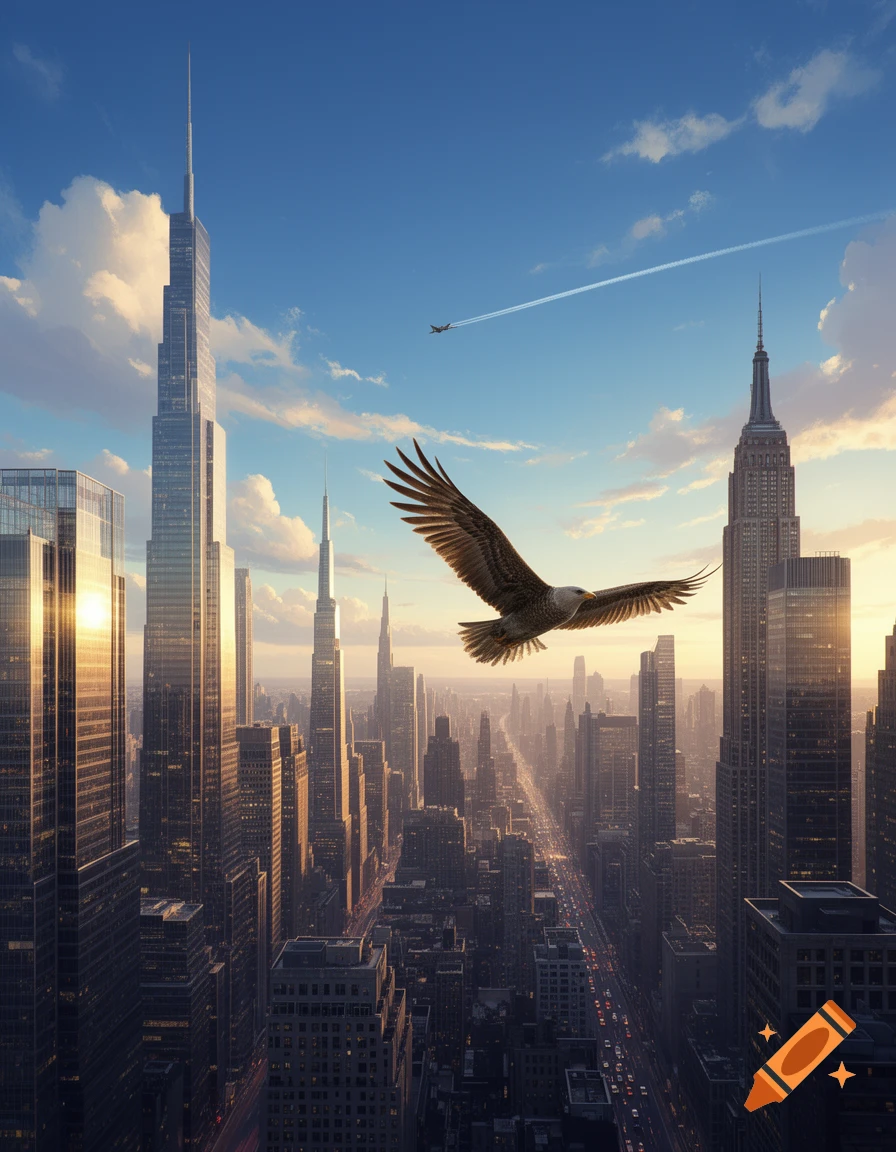 A photorealistic view of a majestic eagle soaring above a sprawling cityscape with numerous skyscrapers under a bright blue sky.