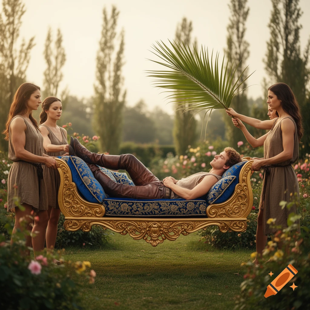 A man in leather leggings reclines on a golden palanquin carried by women in a lush garden, one woman fanning him with a palm frond.