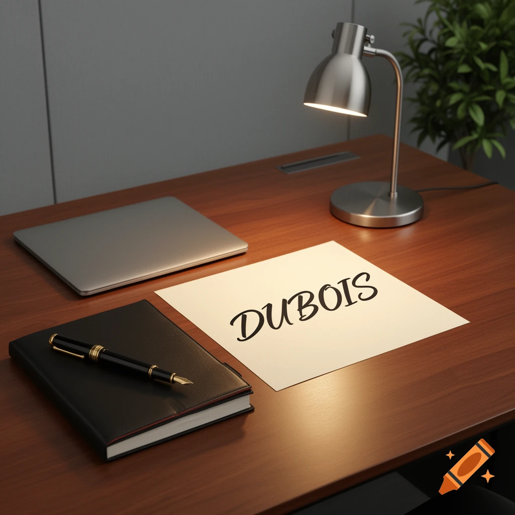 A close-up of a well-lit wooden desk with a closed laptop, a metal lamp, a black notebook with a pen, and a paper with 'DUBOIS' written on it.