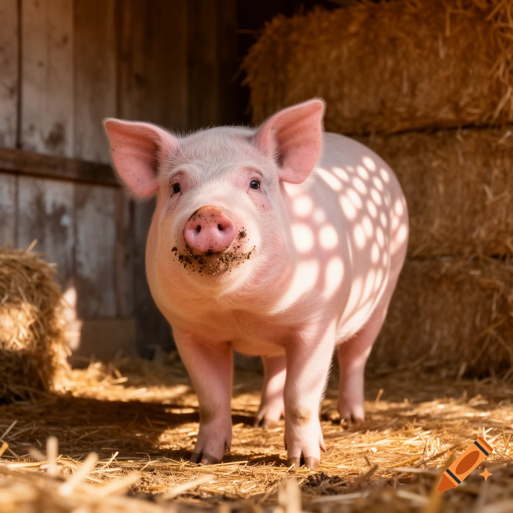 A young pink pig with a dirty snout stands in a straw-filled barn, dappled sunlight on its back.