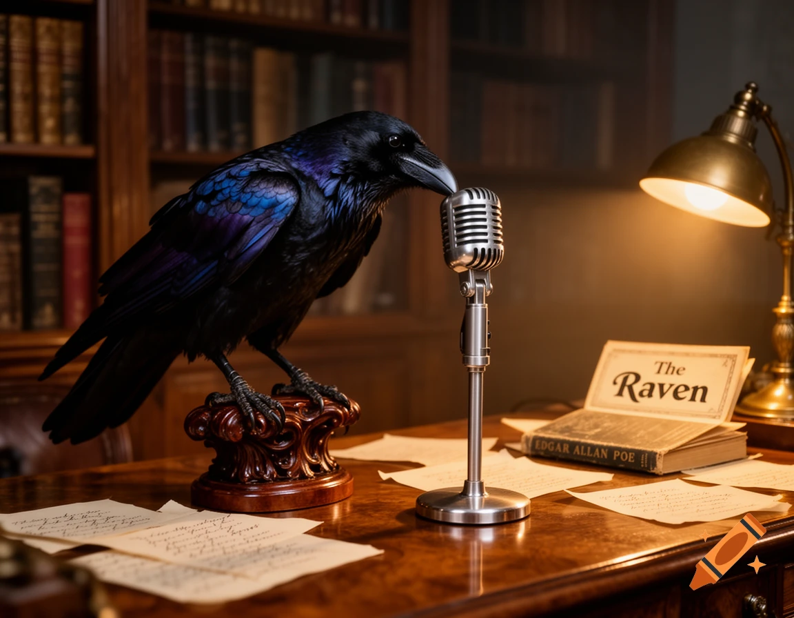 A dark raven with iridescent blue and purple feathers stands on a carved wooden pedestal, beak near a vintage silver microphone on a wooden desk. A book titled 'The Raven' by Edgar Allan Poe and scattered handwritten papers are on the desk, lit by a warm desk lamp. Photorealistic.