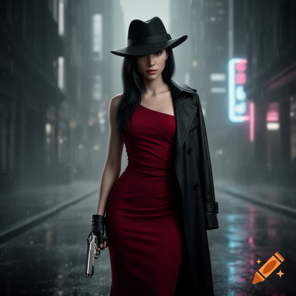 A photorealistic image of a woman in a black fedora, red dress, and trench coat, holding a silver pistol on a rainy city street at night with neon lights.