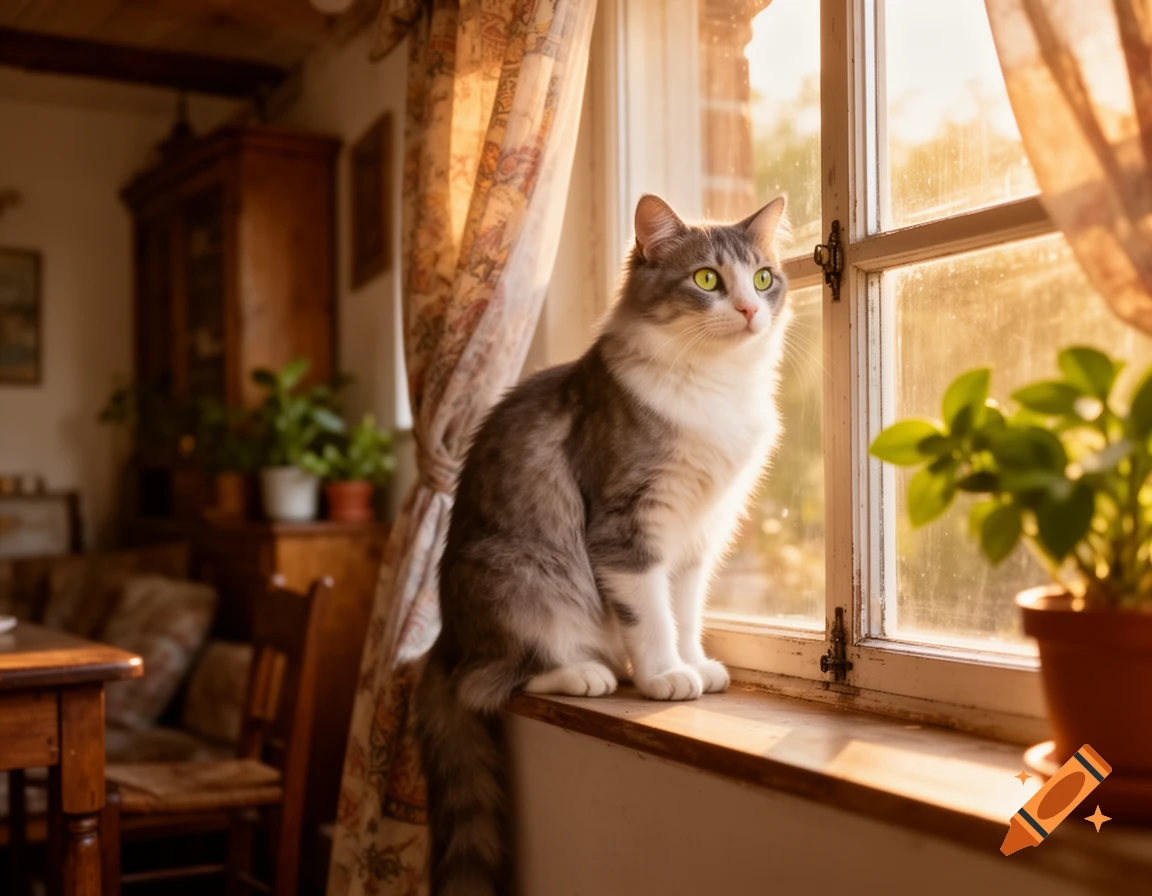 A fluffy gray and white cat with green eyes sits on a sunlit windowsill, looking intently out the window.