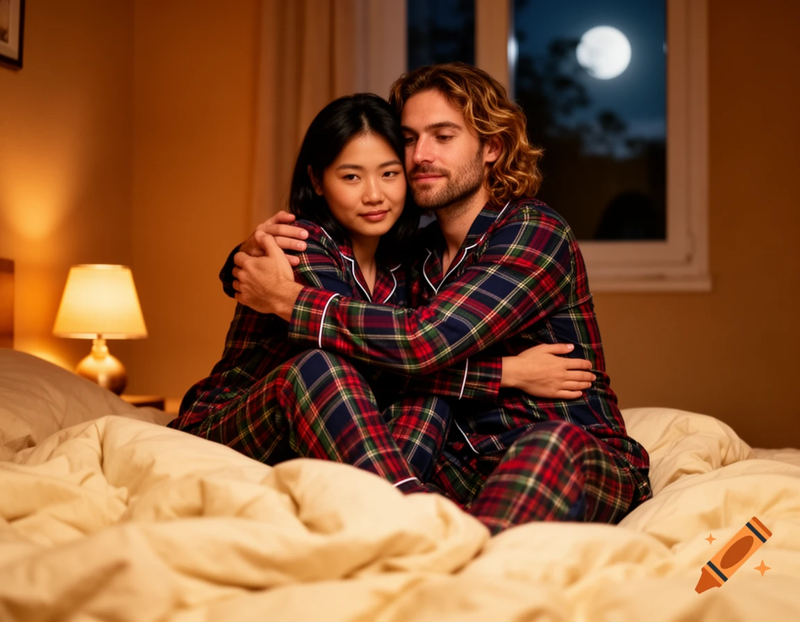 A diverse couple in matching plaid pajamas cuddles on a bed, with a full moon visible through the window.